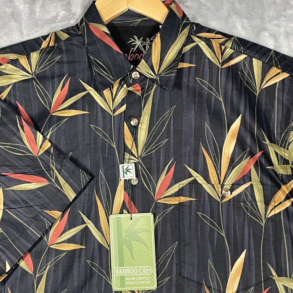 Bamboo Cay Mens M Black Tropical Bamboo Leaf Cotton Resort Shirt SL2000 NEW